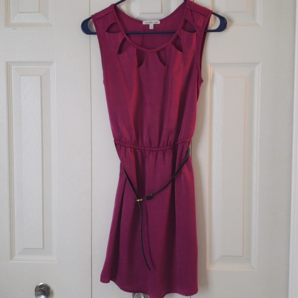 Magenta dress with belt.